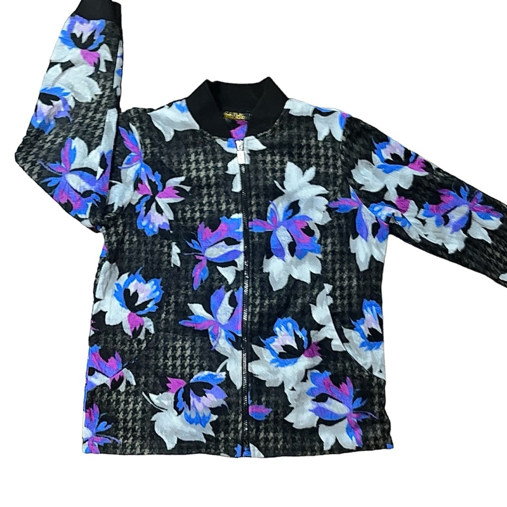 Bob Mackie Jacket Lightweight Floral Purple Black Full Zip Fleece Small